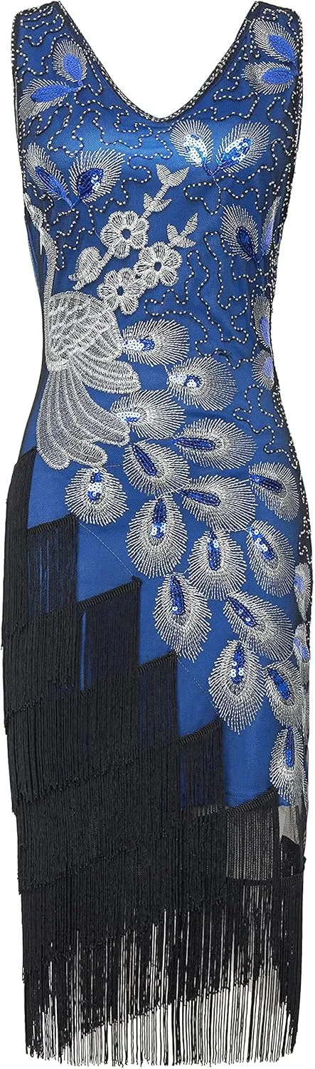 BABEYOND 1920s Vintage Peacock Sequined Dress Gatsby Fringed Flapper Dress Roaring 20s Party Dress