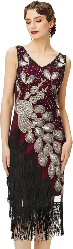 BABEYOND 1920s Vintage Peacock Sequined Dress Gatsby Fringed Flapper Dress Roaring 20s Party Dress