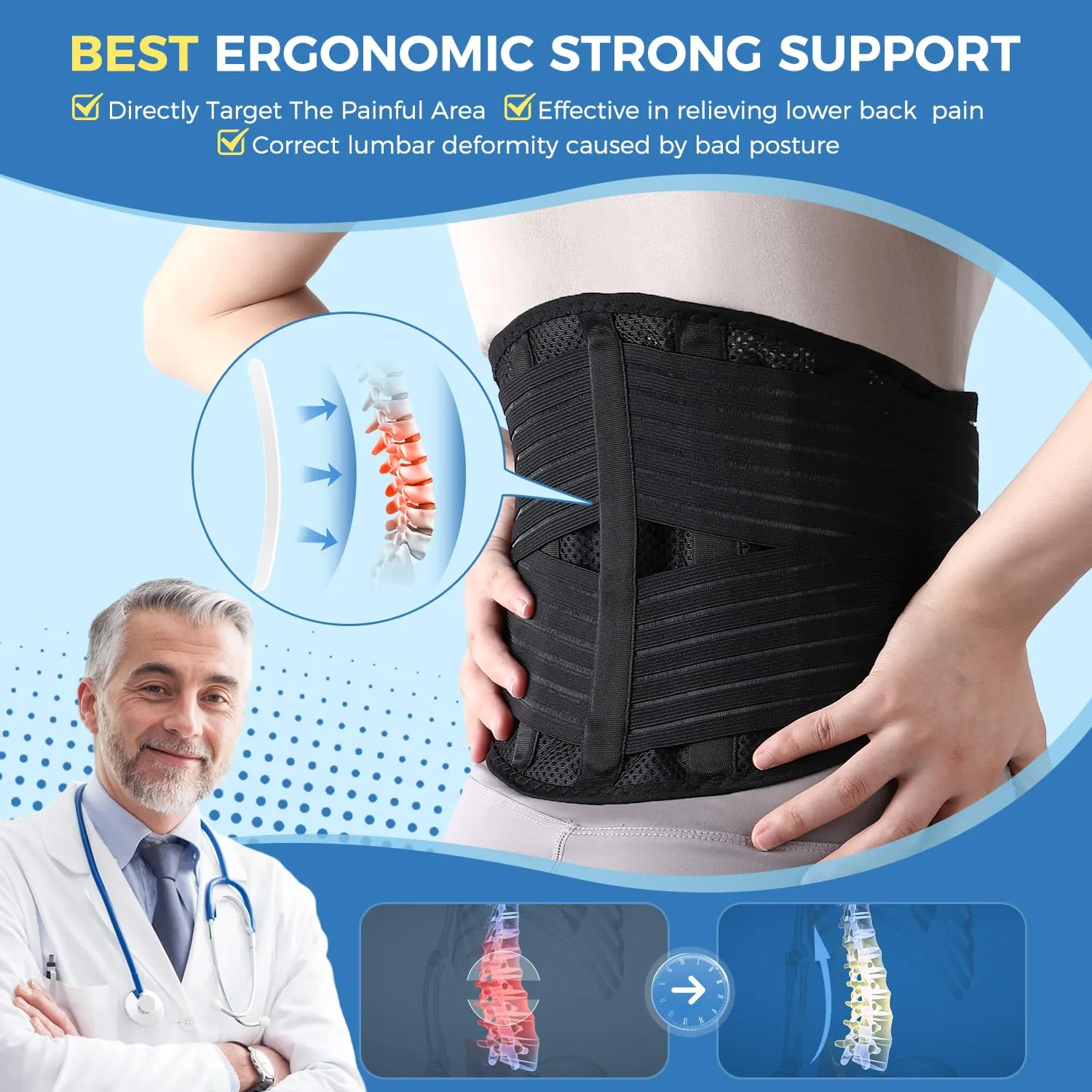 Back Support Brace for Posture with Stretchable Belt.Upgraded High-elastic Straps.Lumbar Back Brace for Lower Back Pain Relief with Breathable Mesh.Sitting,Lifting,Walking,XL