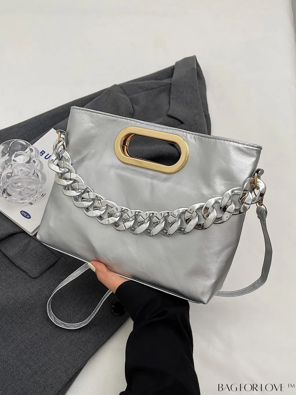 BagForLove - Chic Chain-Embellished Metallic Shoulder Bag