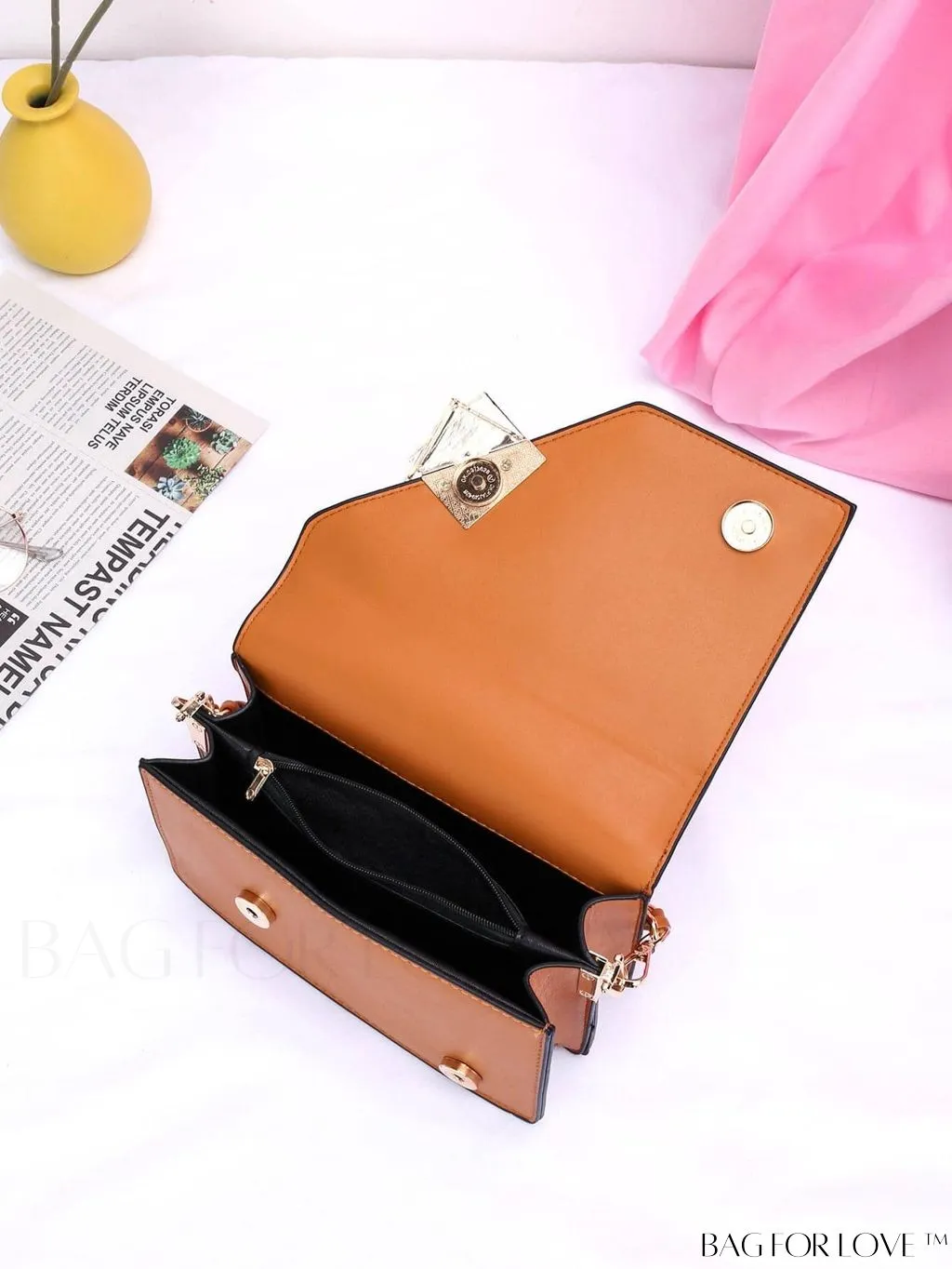 BagForLove - Compact Metal and Chain Flap Square Bag with Decorative Accents