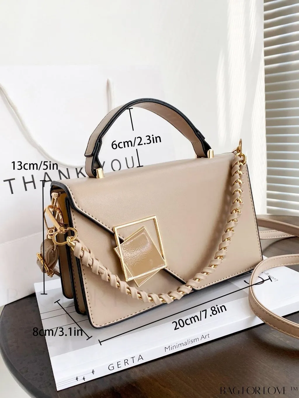 BagForLove - Compact Metal and Chain Flap Square Bag with Decorative Accents