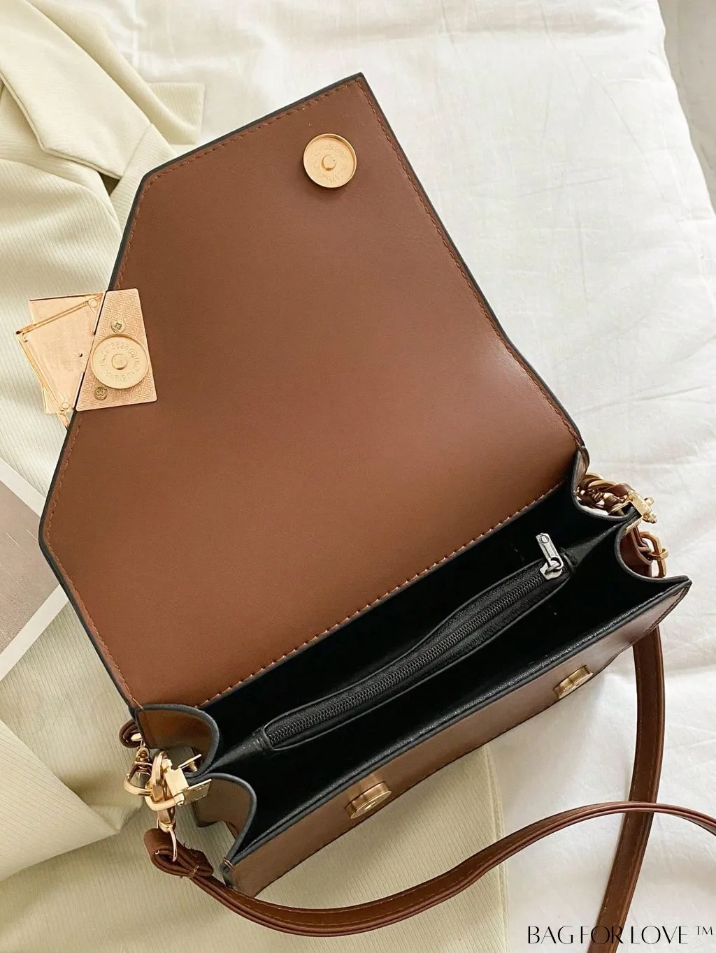 BagForLove - Compact Metal and Chain Flap Square Bag with Decorative Accents