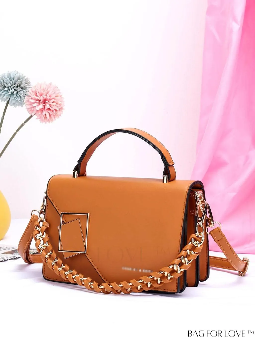 BagForLove - Compact Metal and Chain Flap Square Bag with Decorative Accents