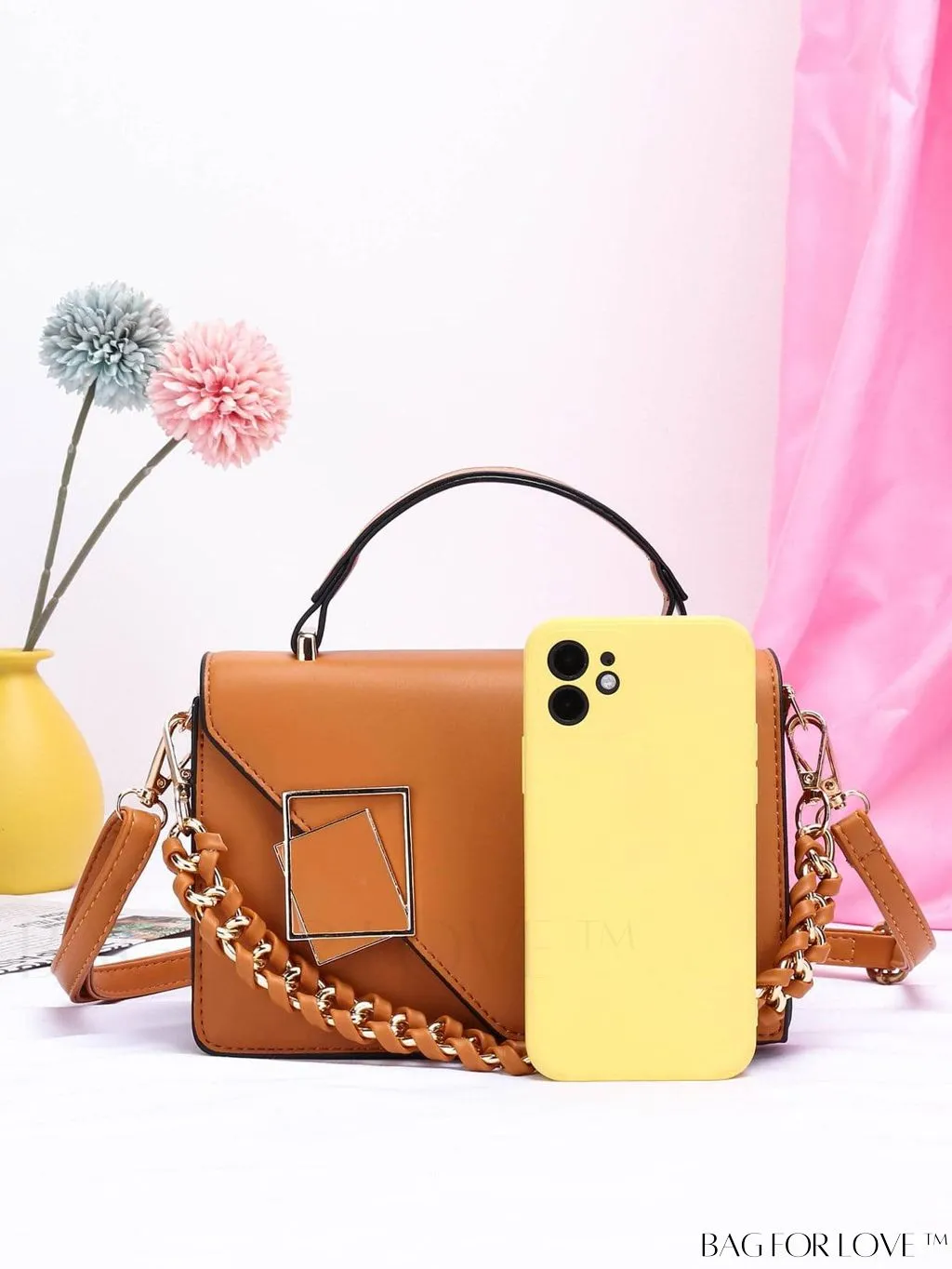 BagForLove - Compact Metal and Chain Flap Square Bag with Decorative Accents