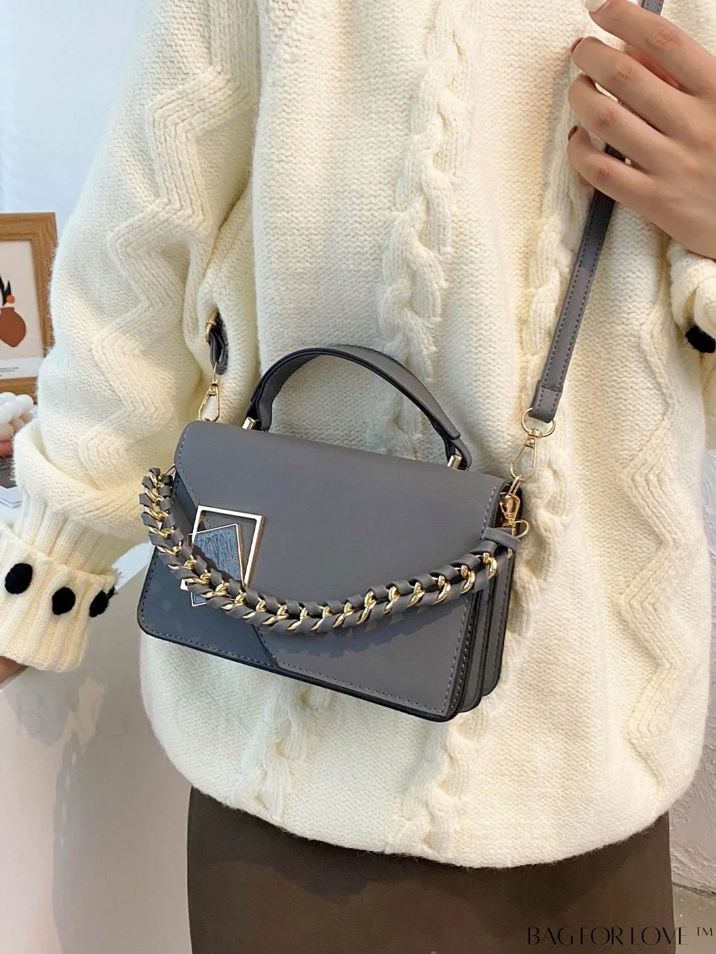BagForLove - Compact Metal and Chain Flap Square Bag with Decorative Accents