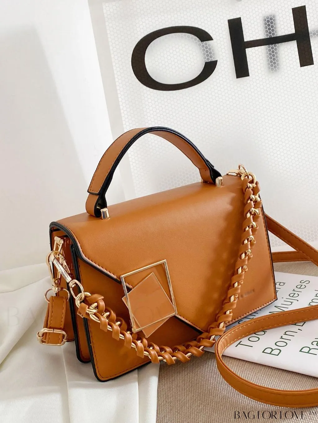 BagForLove - Compact Metal and Chain Flap Square Bag with Decorative Accents