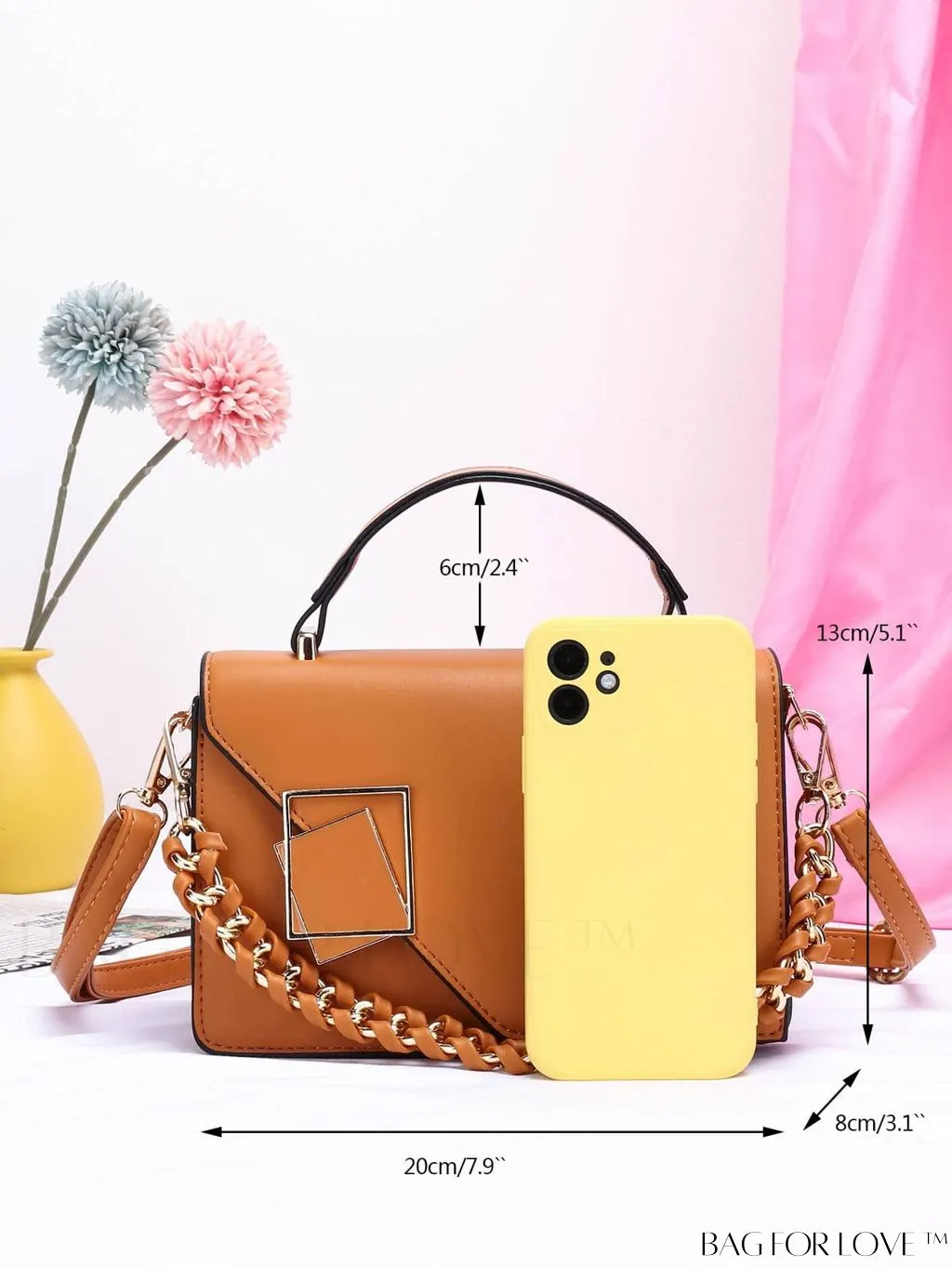 BagForLove - Compact Metal and Chain Flap Square Bag with Decorative Accents