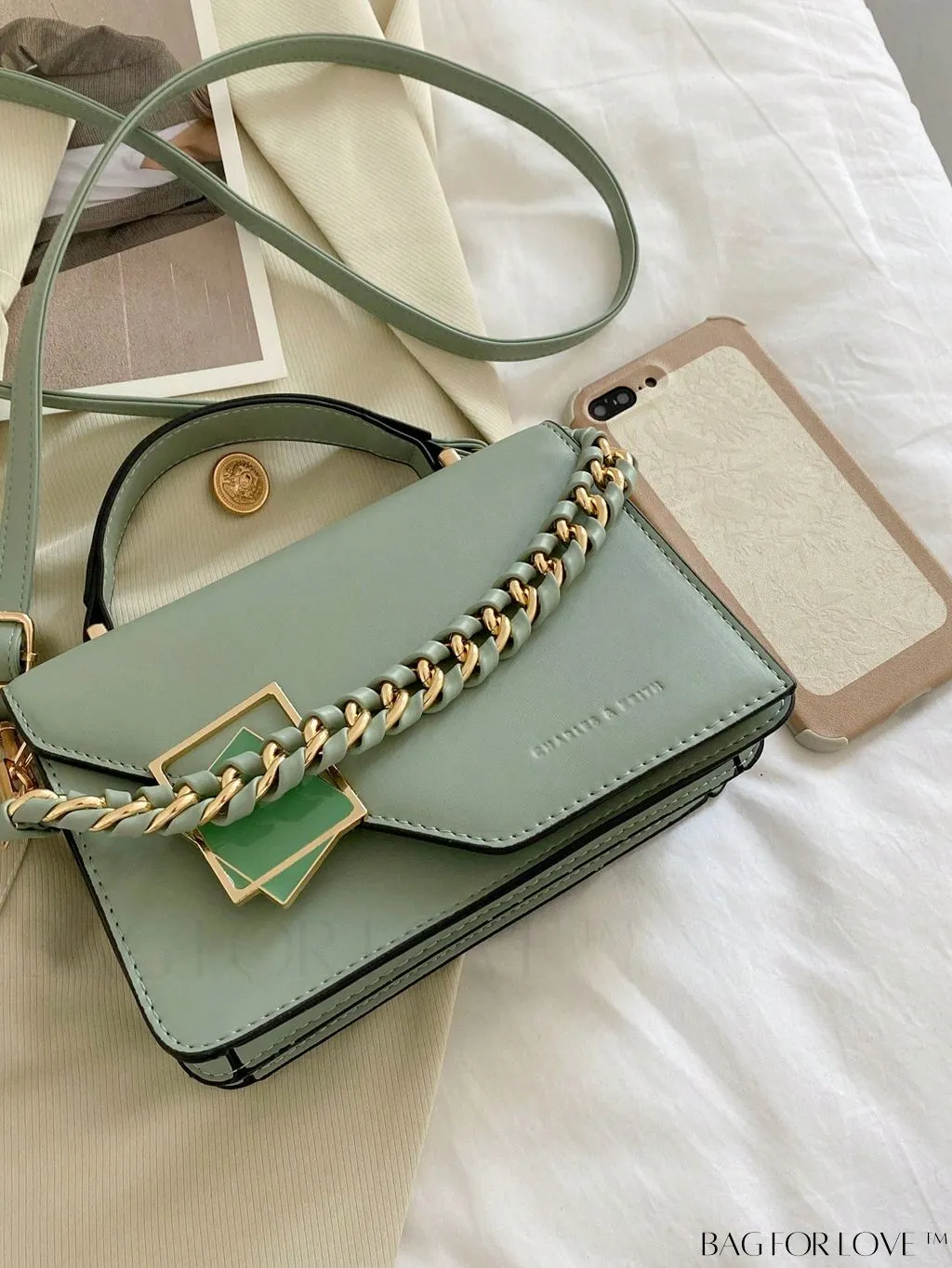 BagForLove - Compact Metal and Chain Flap Square Bag with Decorative Accents