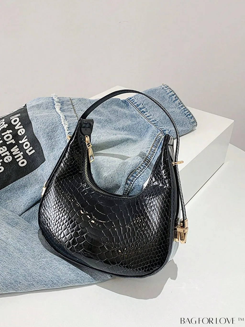 BagForLove - Crocodile Embossed Mini Hobo Bag - Sophisticated Elegance in Compact Design