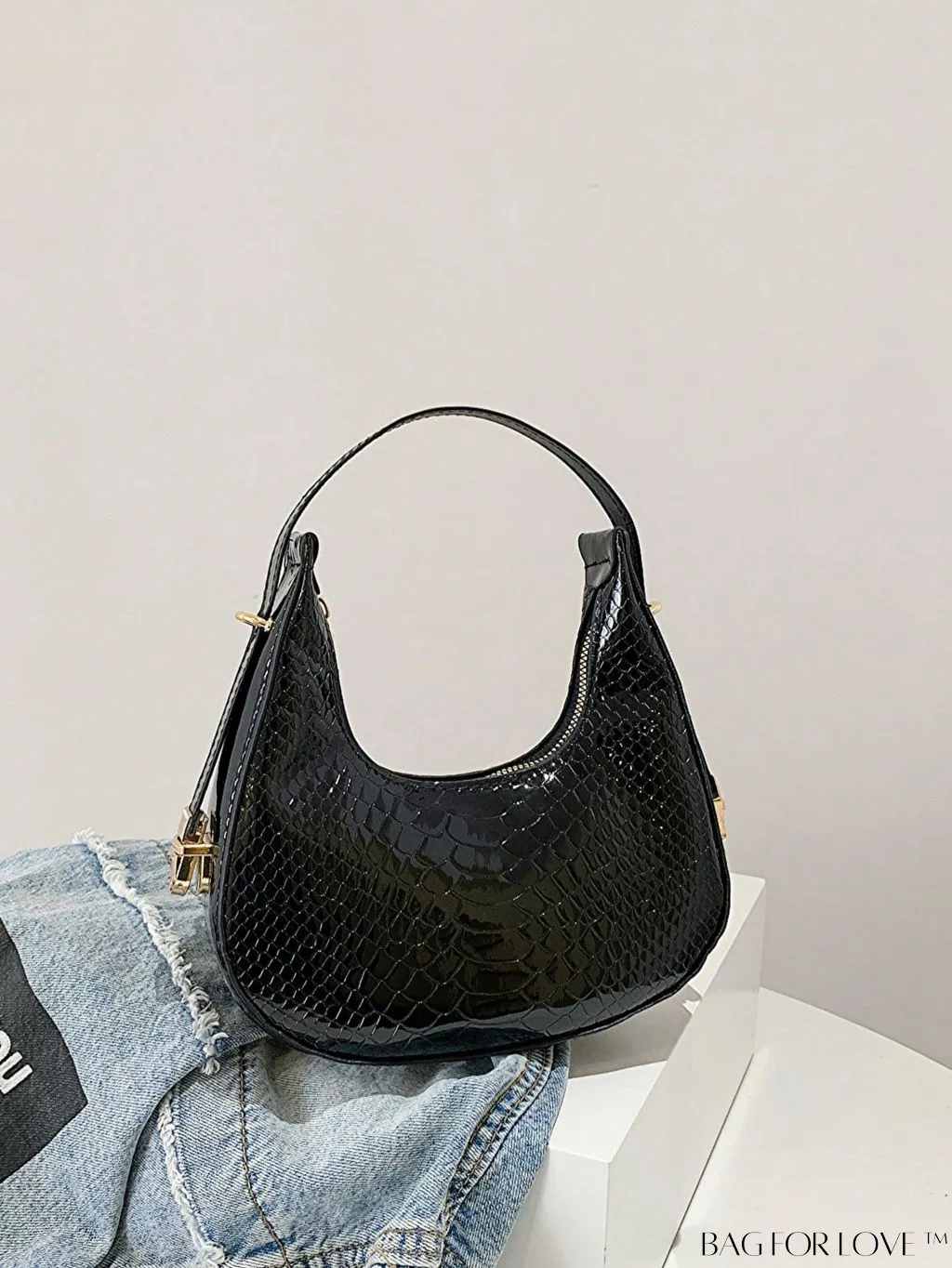 BagForLove - Crocodile Embossed Mini Hobo Bag - Sophisticated Elegance in Compact Design