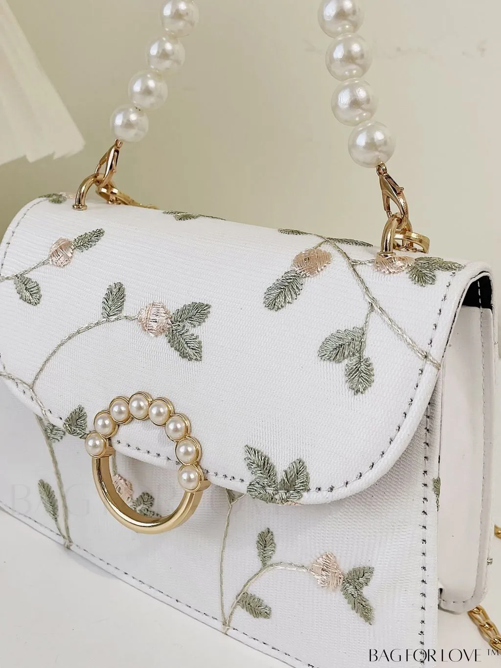 BagForLove - Faux Pearl Floral Embroidery Mini Satchel Bag with Decorative Accents