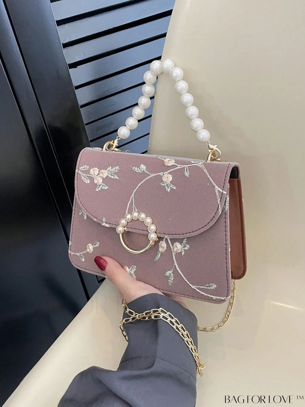 BagForLove - Faux Pearl Floral Embroidery Mini Satchel Bag with Decorative Accents