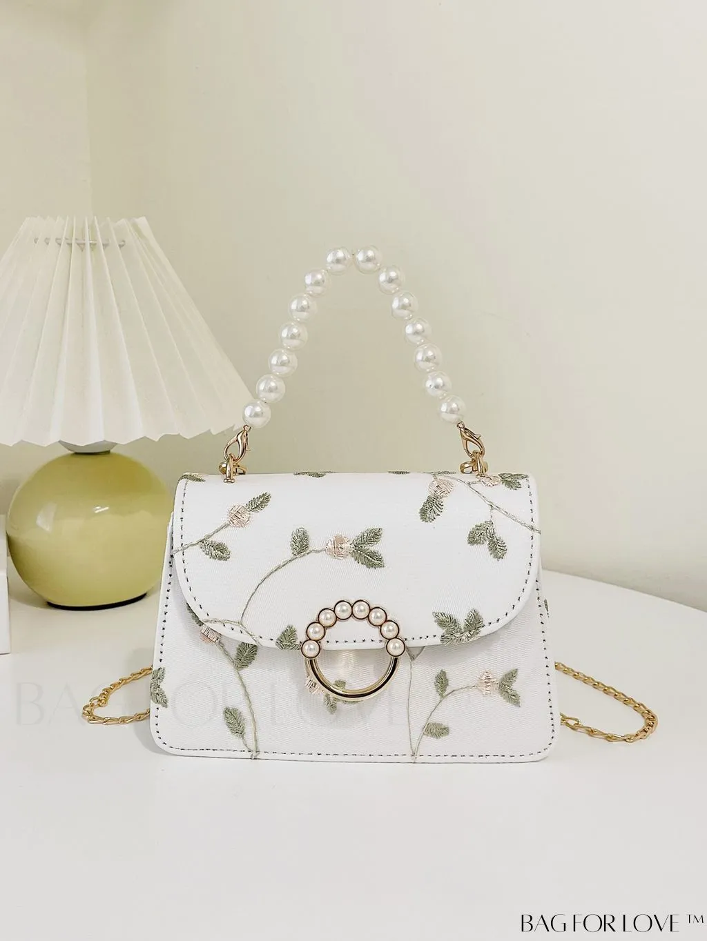 BagForLove - Faux Pearl Floral Embroidery Mini Satchel Bag with Decorative Accents