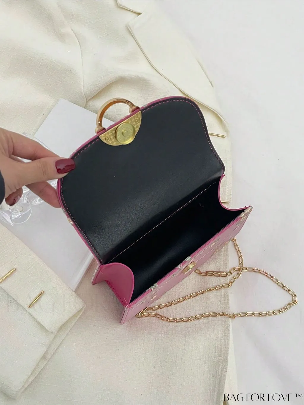 BagForLove - Faux Pearl Floral Embroidery Mini Satchel Bag with Decorative Accents