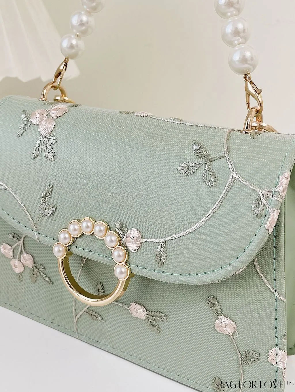 BagForLove - Faux Pearl Floral Embroidery Mini Satchel Bag with Decorative Accents