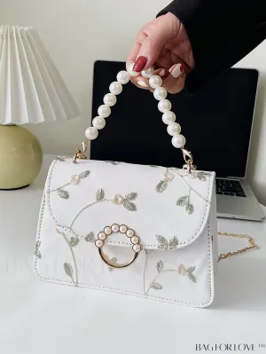 BagForLove - Faux Pearl Floral Embroidery Mini Satchel Bag with Decorative Accents