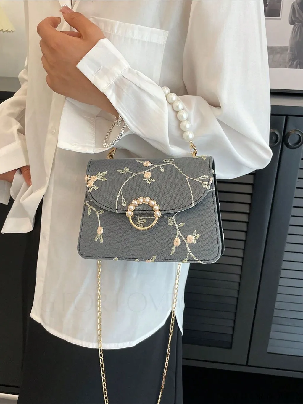 BagForLove - Faux Pearl Floral Embroidery Mini Satchel Bag with Decorative Accents