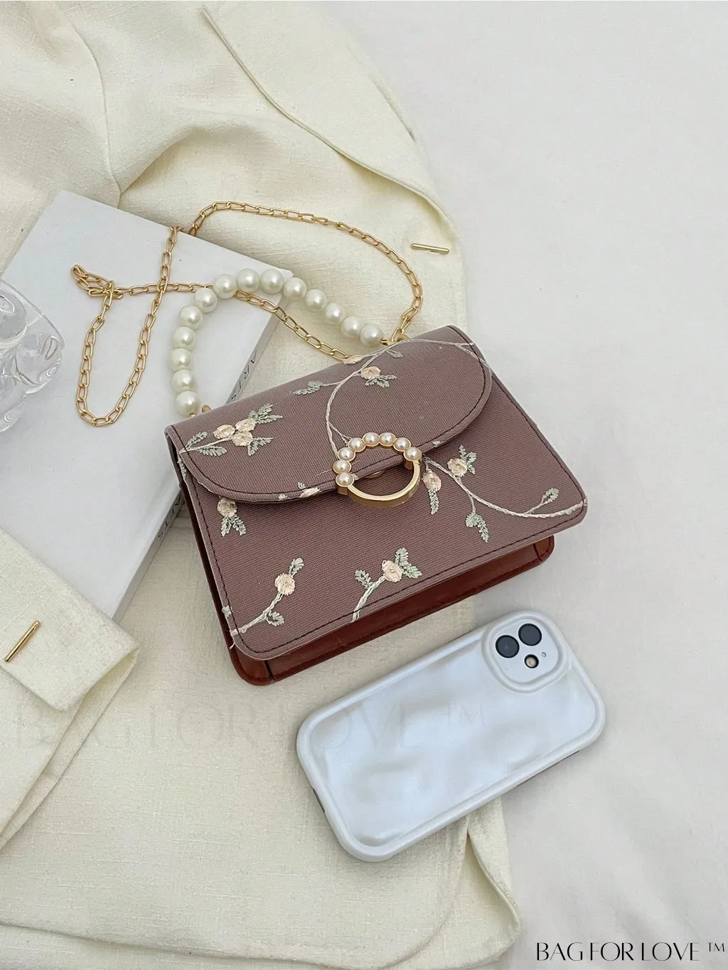 BagForLove - Faux Pearl Floral Embroidery Mini Satchel Bag with Decorative Accents