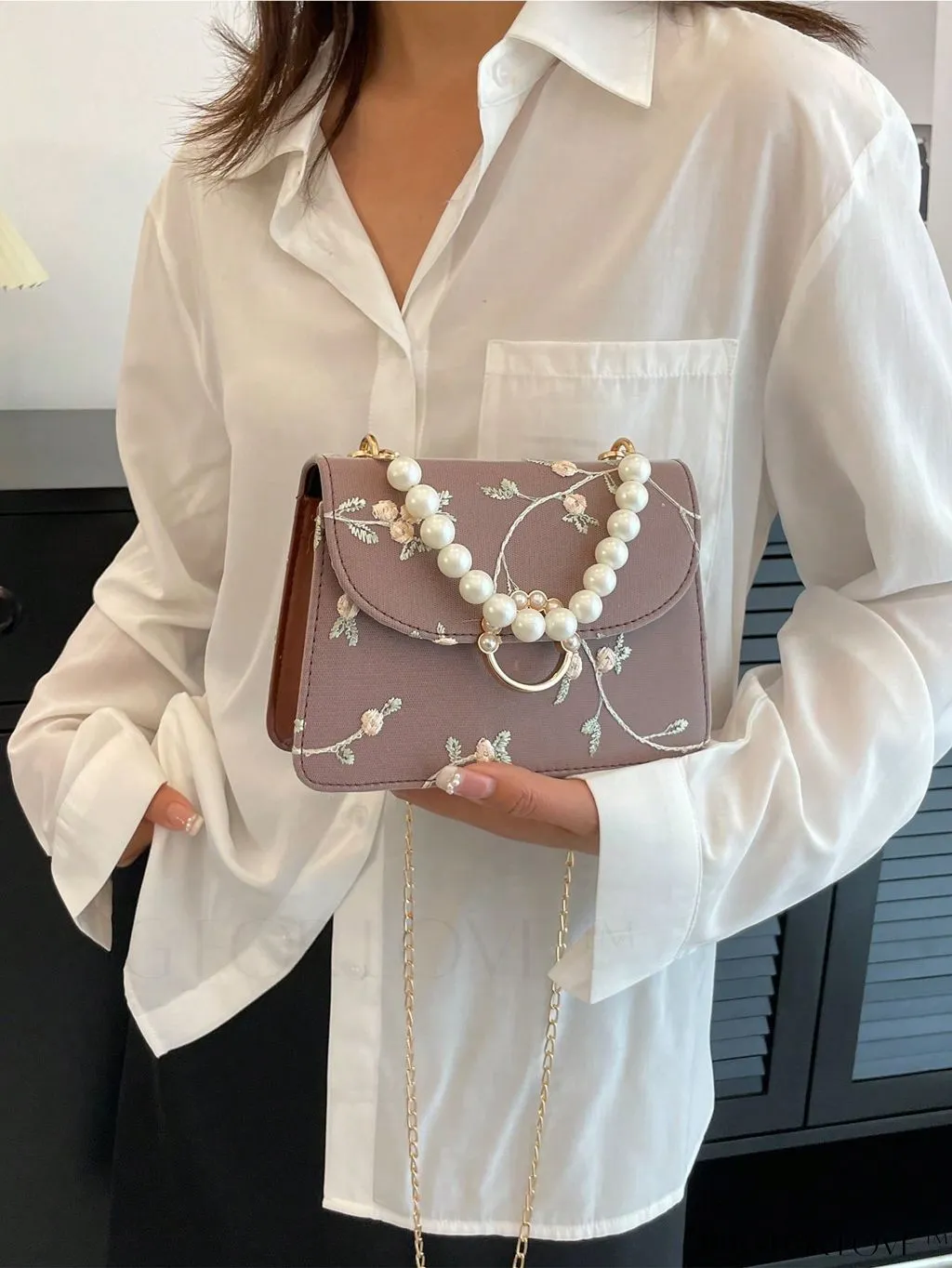 BagForLove - Faux Pearl Floral Embroidery Mini Satchel Bag with Decorative Accents