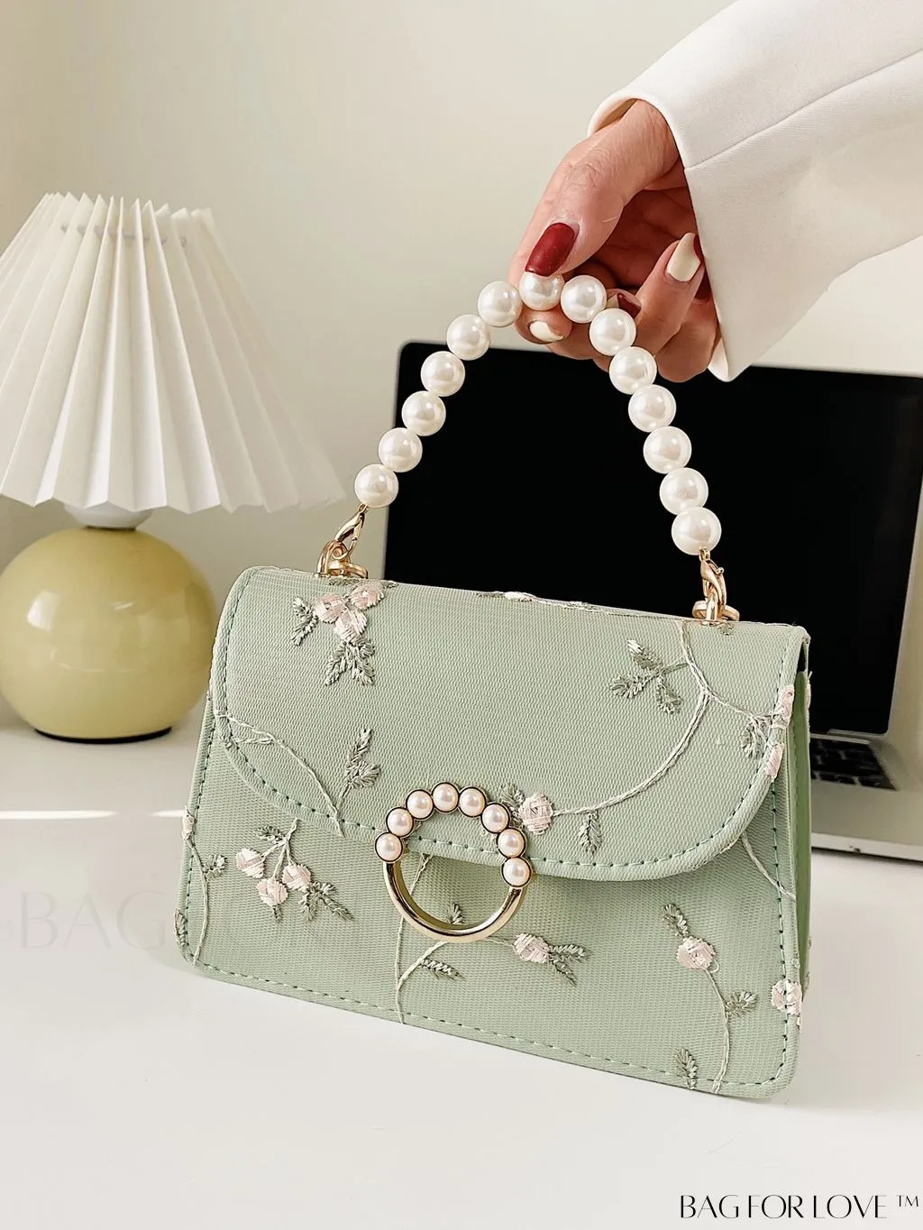 BagForLove - Faux Pearl Floral Embroidery Mini Satchel Bag with Decorative Accents