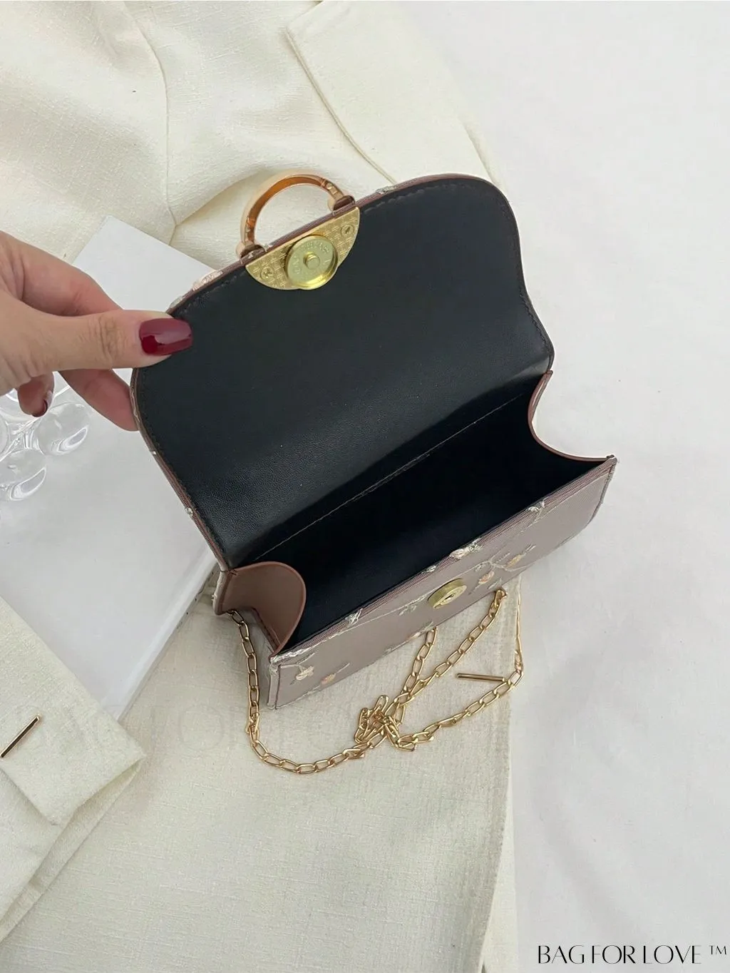 BagForLove - Faux Pearl Floral Embroidery Mini Satchel Bag with Decorative Accents