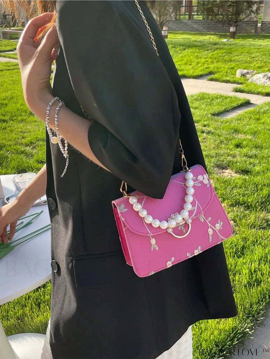 BagForLove - Faux Pearl Floral Embroidery Mini Satchel Bag with Decorative Accents