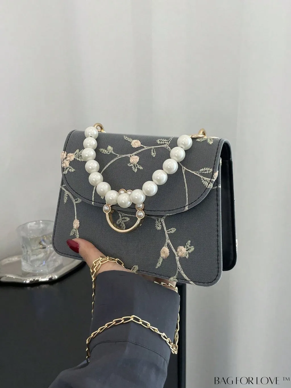 BagForLove - Faux Pearl Floral Embroidery Mini Satchel Bag with Decorative Accents