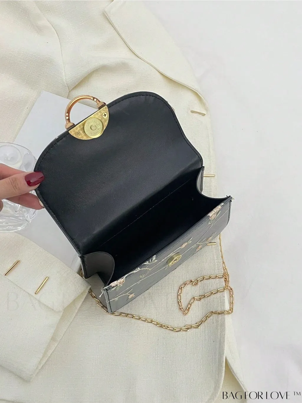 BagForLove - Faux Pearl Floral Embroidery Mini Satchel Bag with Decorative Accents