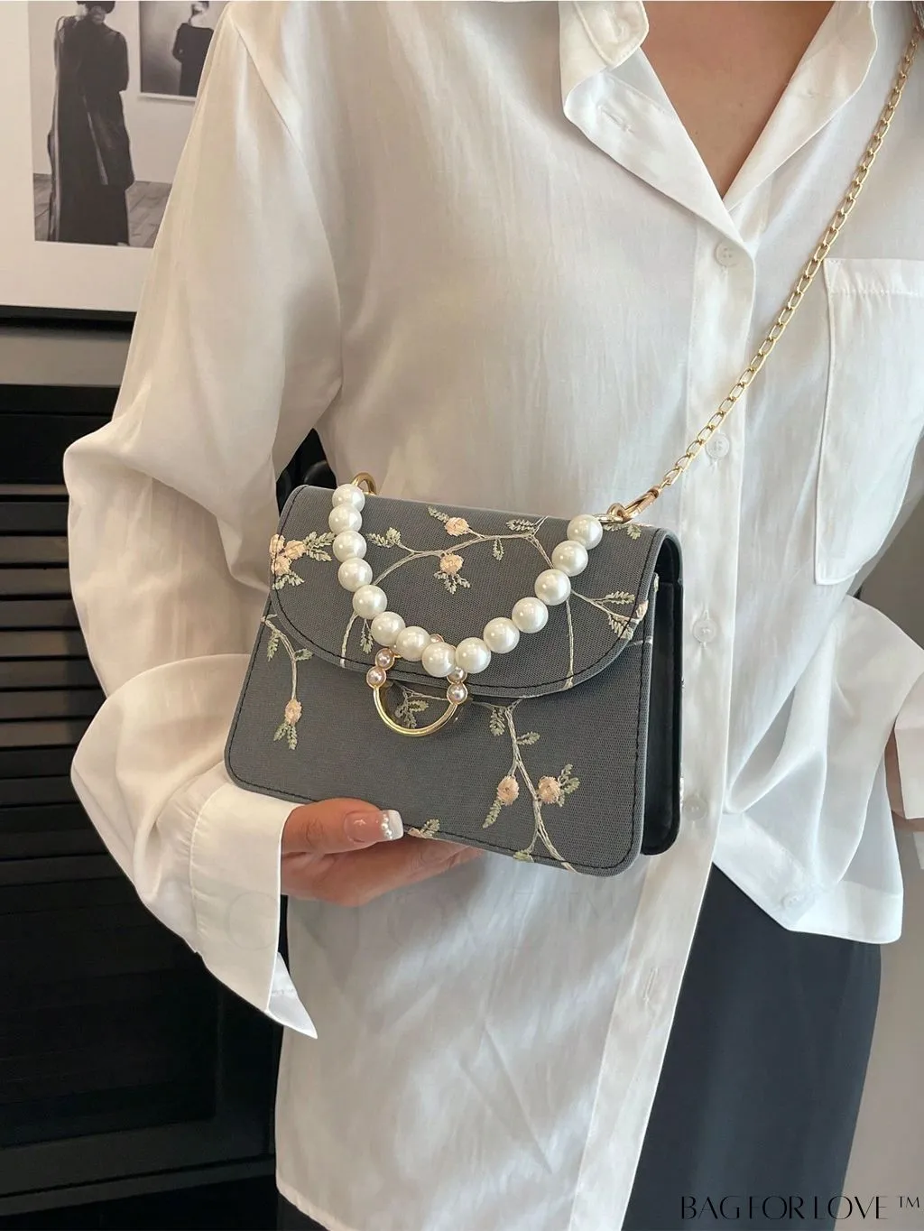 BagForLove - Faux Pearl Floral Embroidery Mini Satchel Bag with Decorative Accents