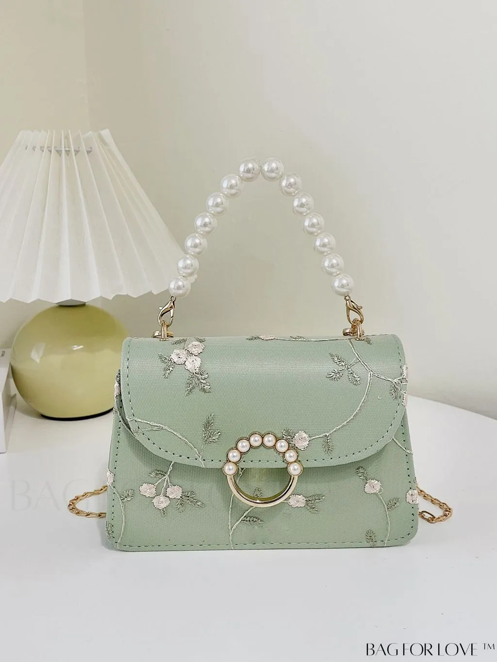 BagForLove - Faux Pearl Floral Embroidery Mini Satchel Bag with Decorative Accents
