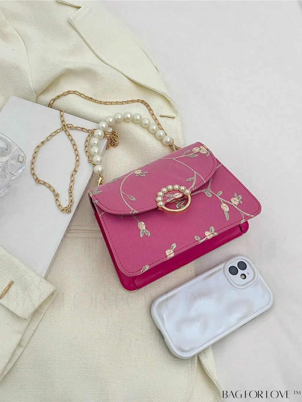 BagForLove - Faux Pearl Floral Embroidery Mini Satchel Bag with Decorative Accents
