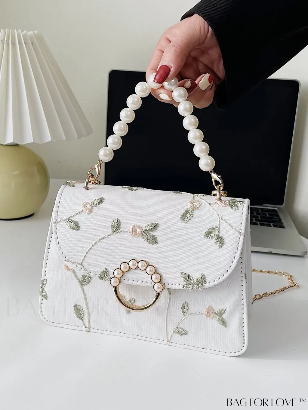 BagForLove - Faux Pearl Floral Embroidery Mini Satchel Bag with Decorative Accents