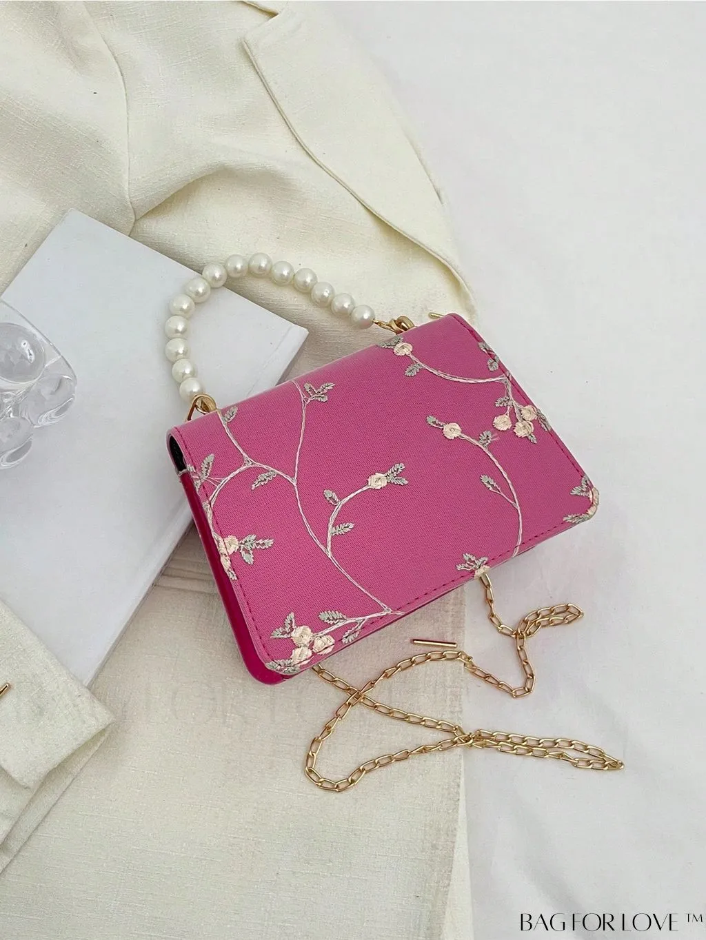 BagForLove - Faux Pearl Floral Embroidery Mini Satchel Bag with Decorative Accents