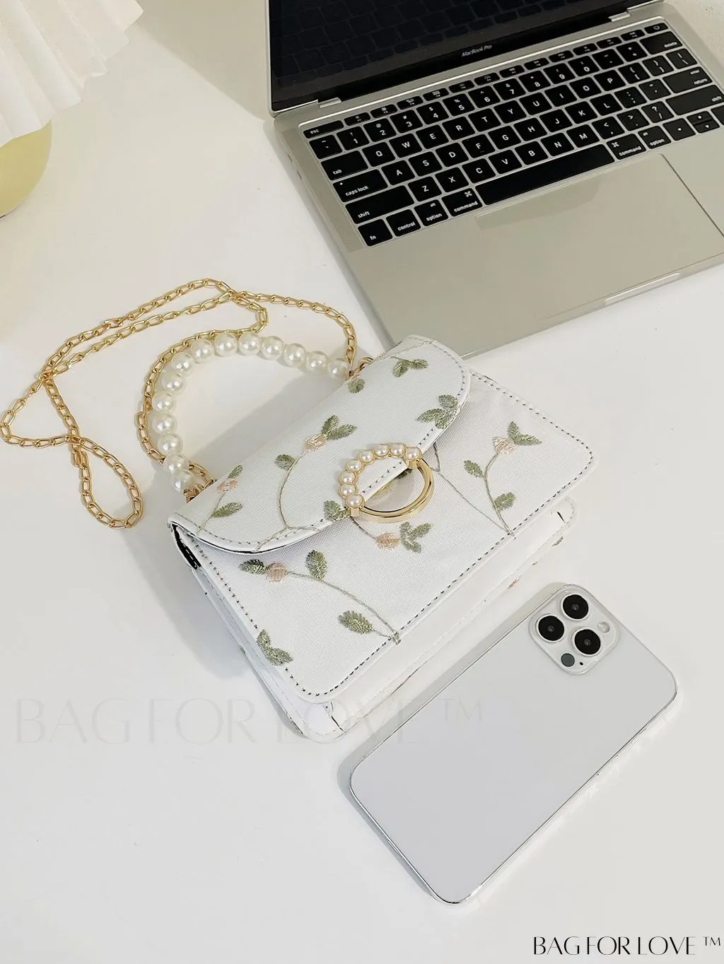 BagForLove - Faux Pearl Floral Embroidery Mini Satchel Bag with Decorative Accents