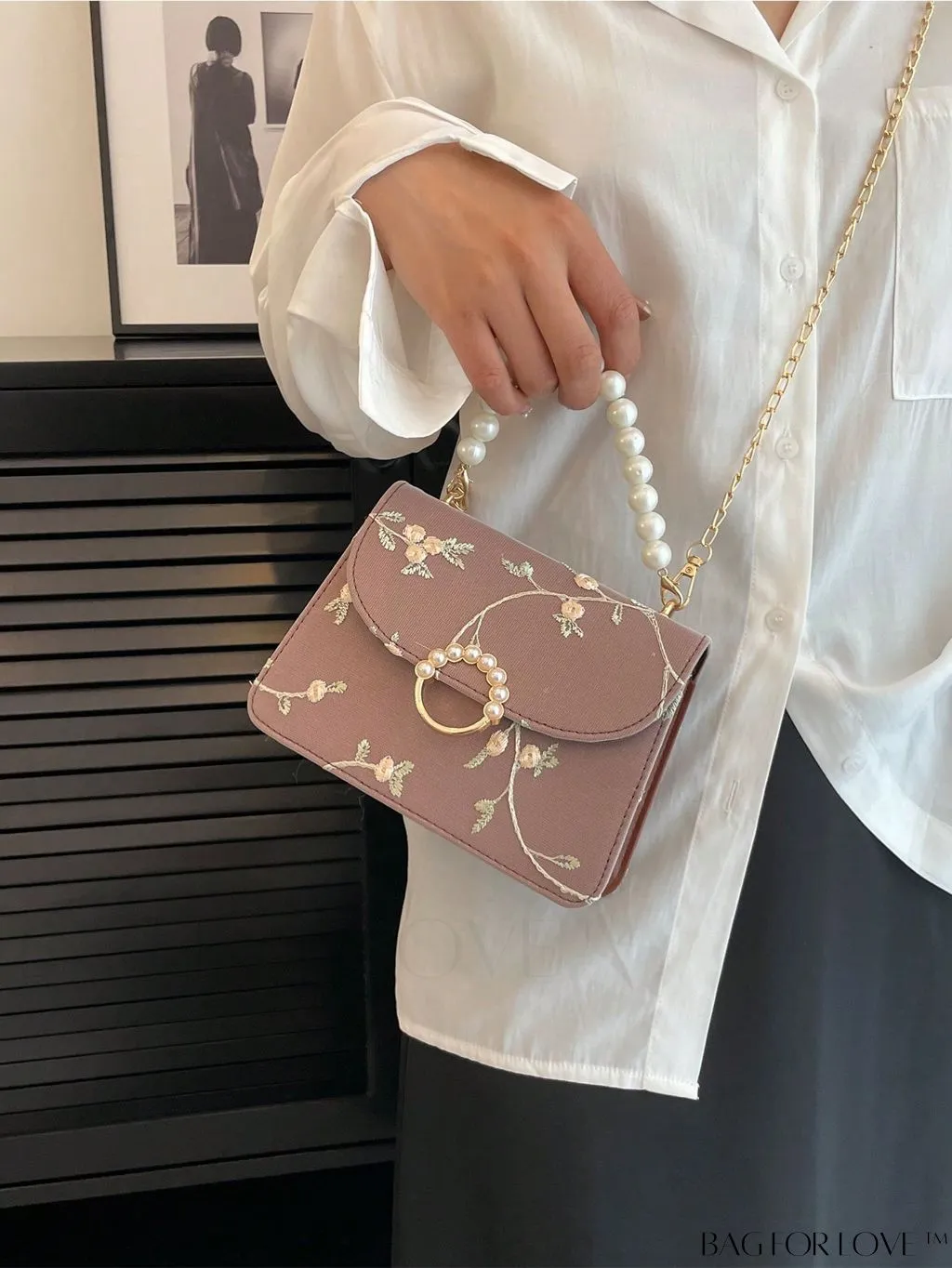 BagForLove - Faux Pearl Floral Embroidery Mini Satchel Bag with Decorative Accents