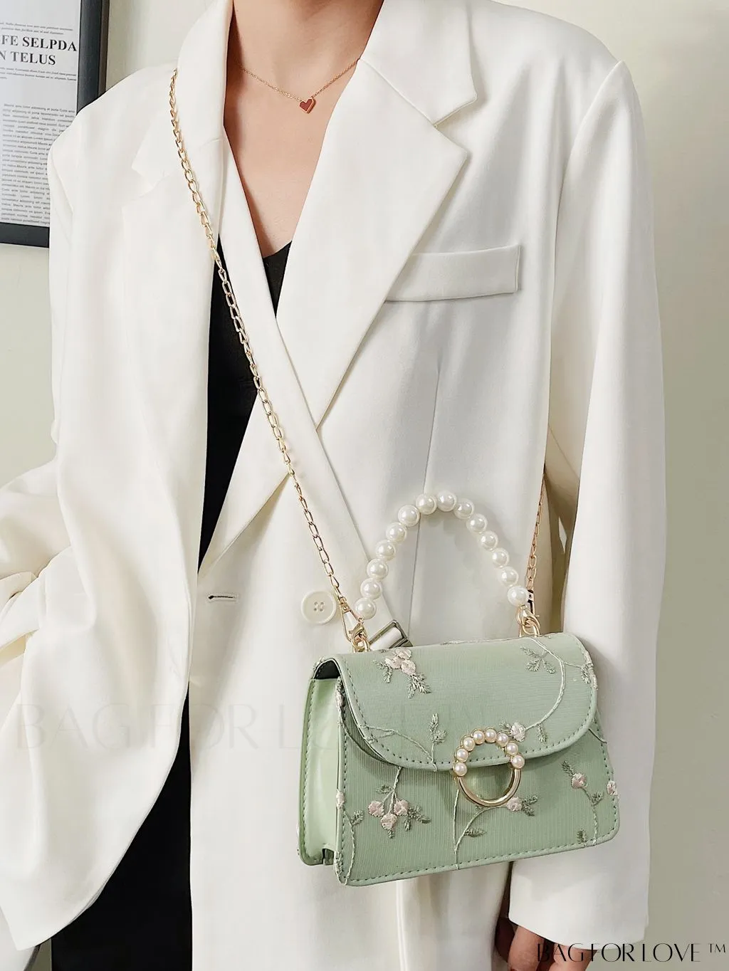 BagForLove - Faux Pearl Floral Embroidery Mini Satchel Bag with Decorative Accents