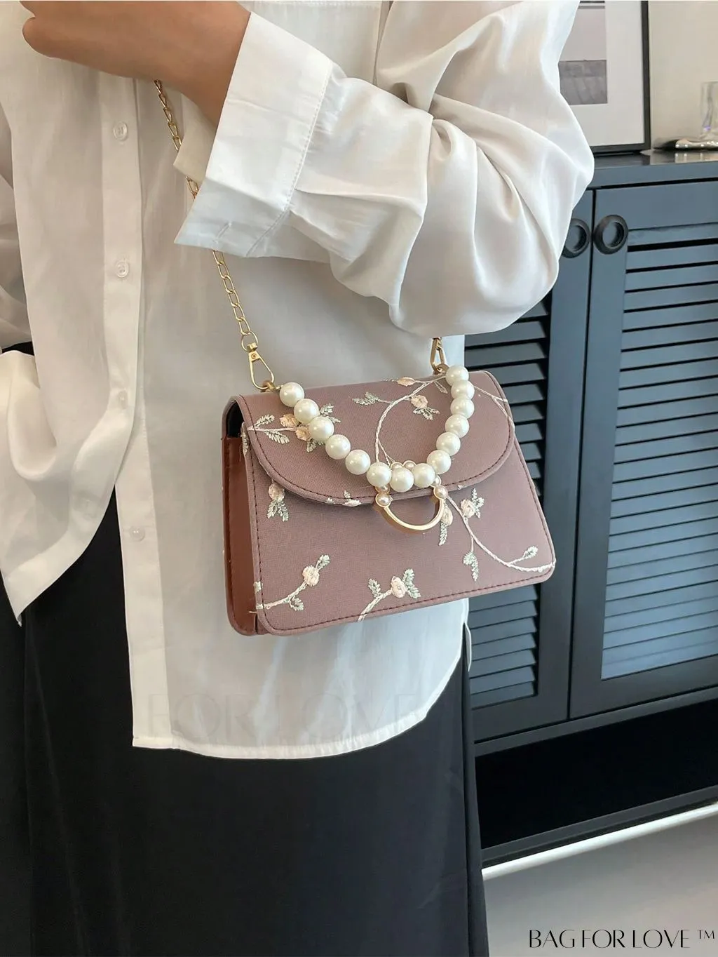 BagForLove - Faux Pearl Floral Embroidery Mini Satchel Bag with Decorative Accents