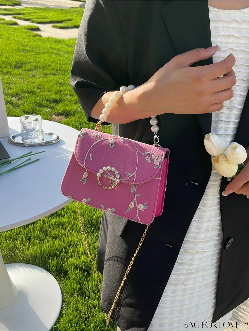 BagForLove - Faux Pearl Floral Embroidery Mini Satchel Bag with Decorative Accents