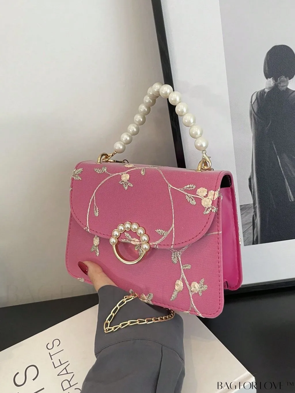 BagForLove - Faux Pearl Floral Embroidery Mini Satchel Bag with Decorative Accents