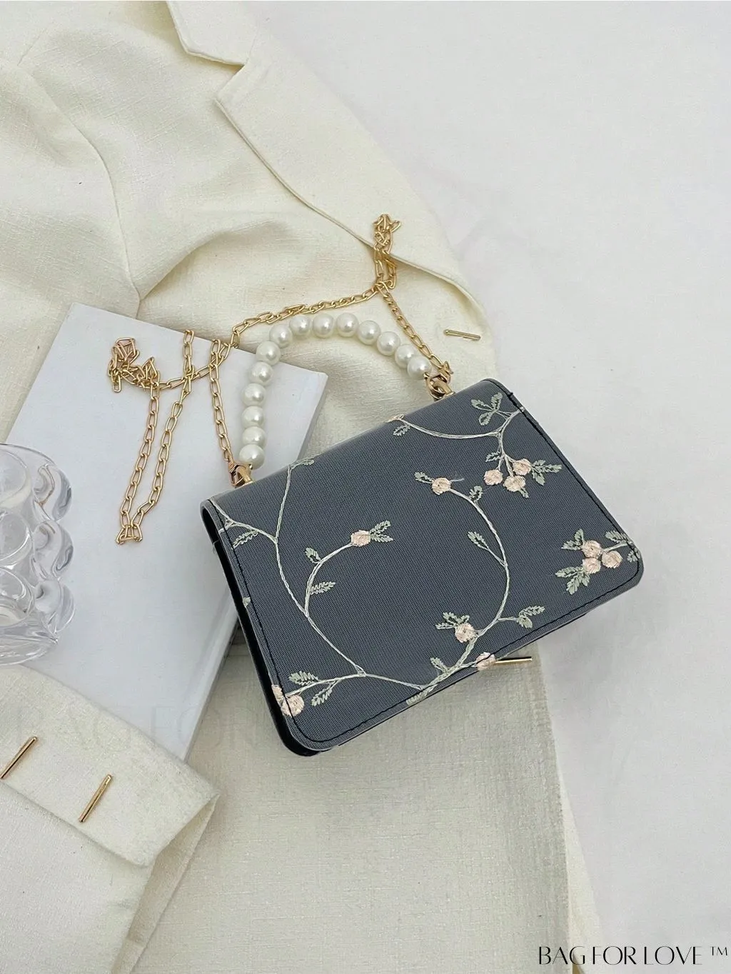 BagForLove - Faux Pearl Floral Embroidery Mini Satchel Bag with Decorative Accents