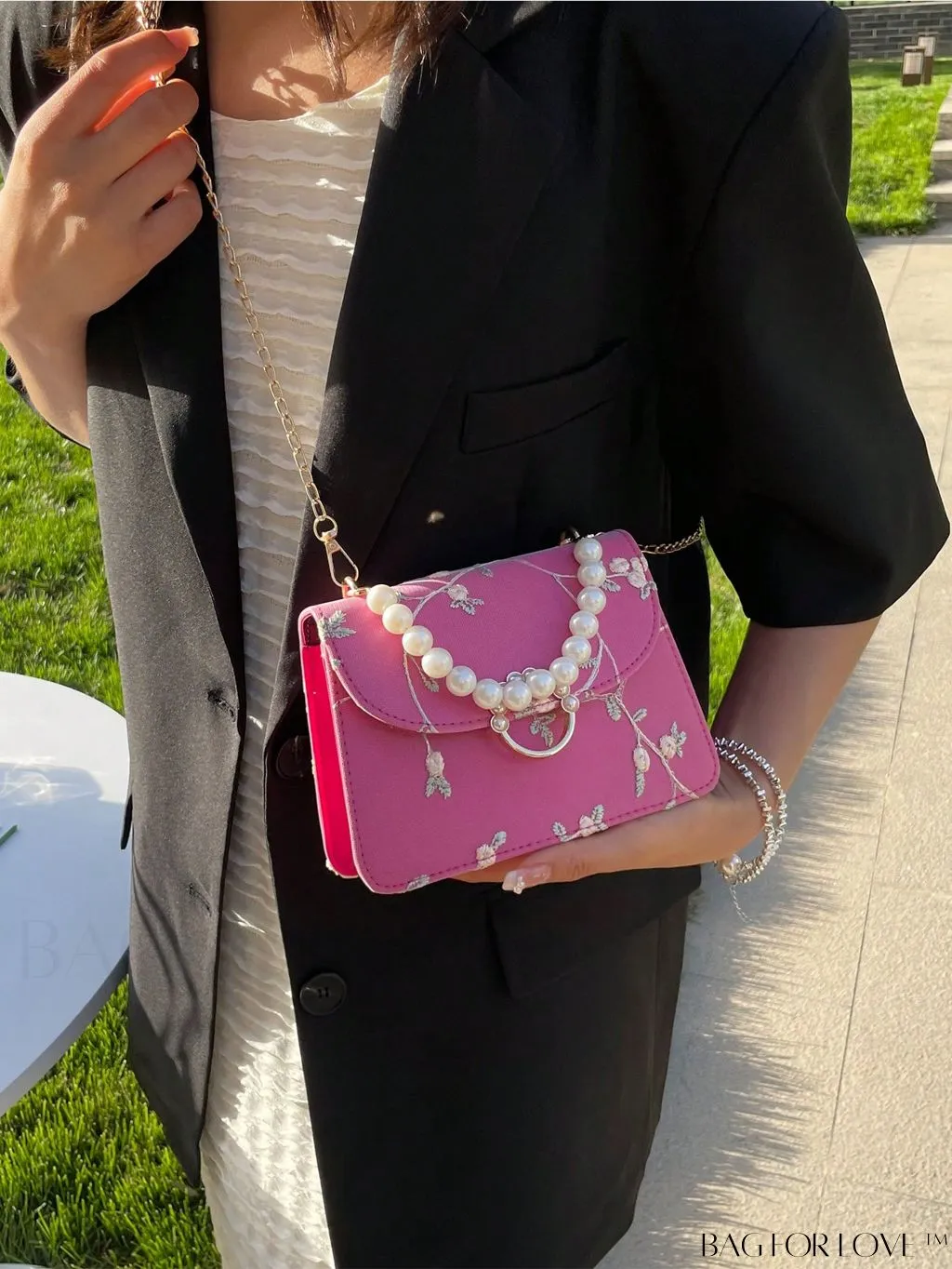 BagForLove - Faux Pearl Floral Embroidery Mini Satchel Bag with Decorative Accents