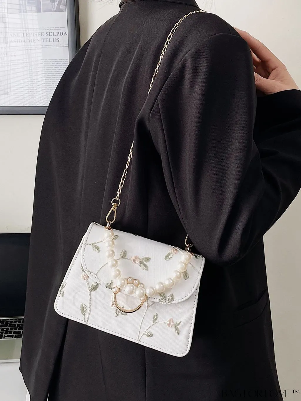 BagForLove - Faux Pearl Floral Embroidery Mini Satchel Bag with Decorative Accents