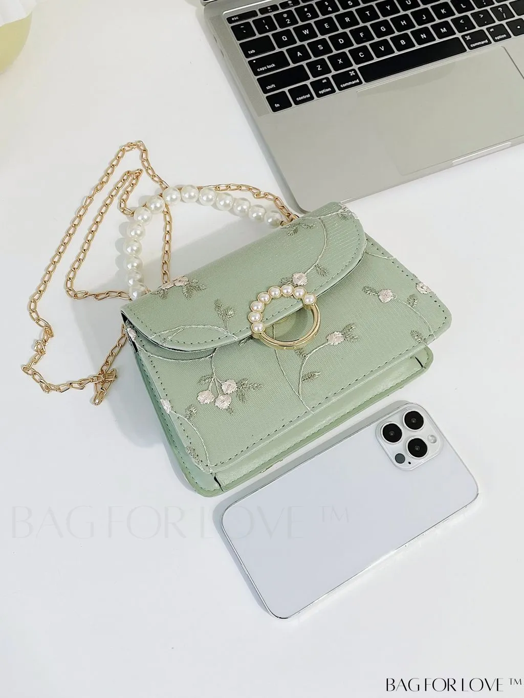 BagForLove - Faux Pearl Floral Embroidery Mini Satchel Bag with Decorative Accents