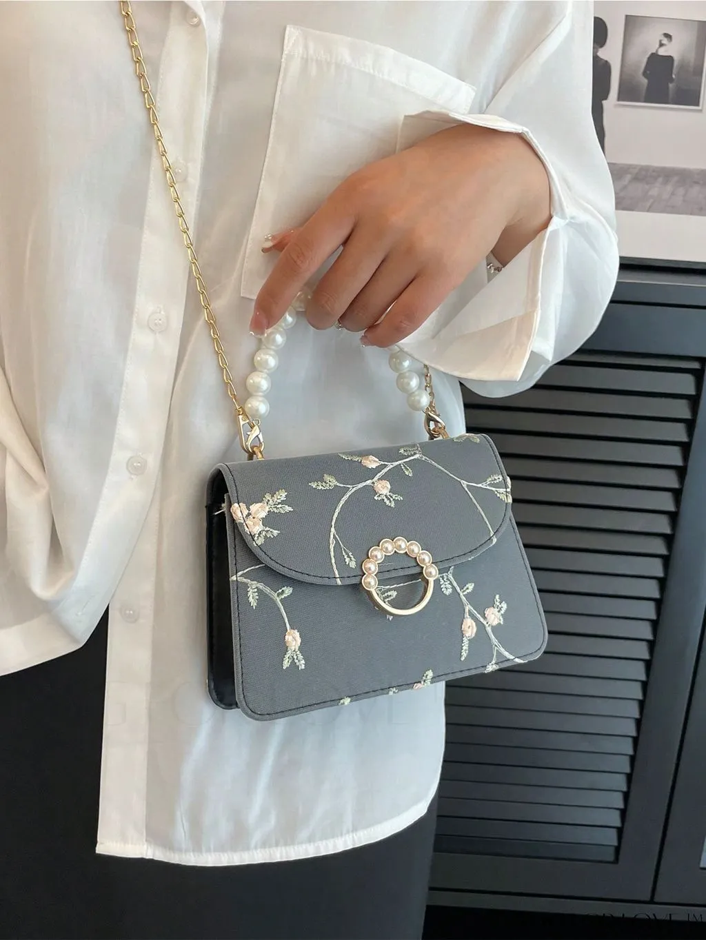BagForLove - Faux Pearl Floral Embroidery Mini Satchel Bag with Decorative Accents
