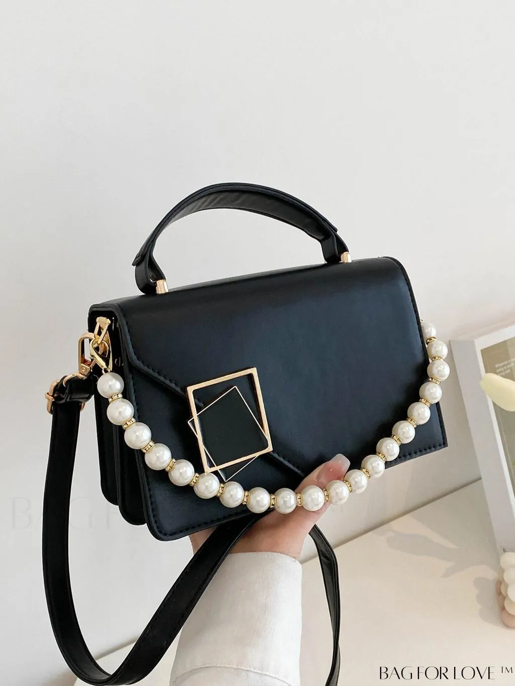 BagForLove - Letter Detail Mini Chain Flap Square Bag with Decorative Charm
