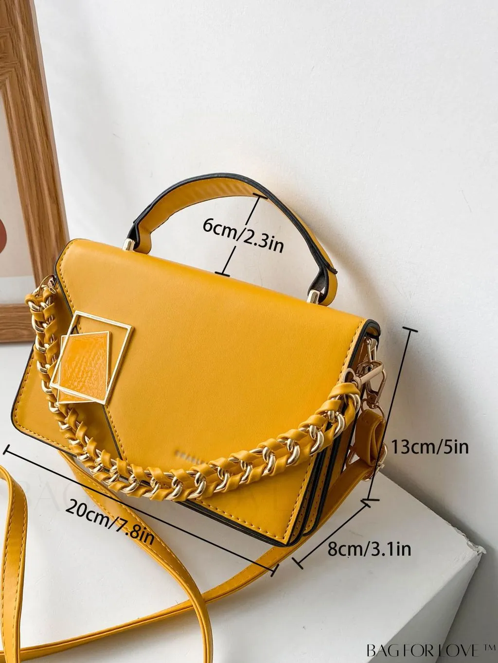 BagForLove - Letter Detail Mini Chain Flap Square Bag with Decorative Charm