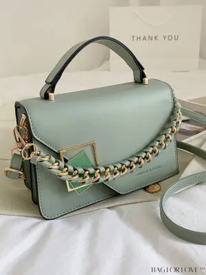 BagForLove - Letter Detail Mini Chain Flap Square Bag with Decorative Charm