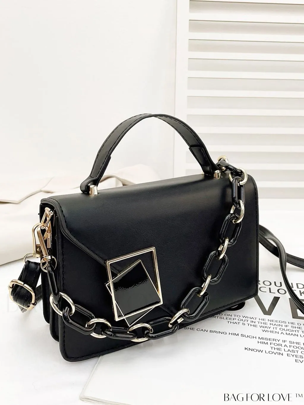 BagForLove - Letter Detail Mini Chain Flap Square Bag with Decorative Charm