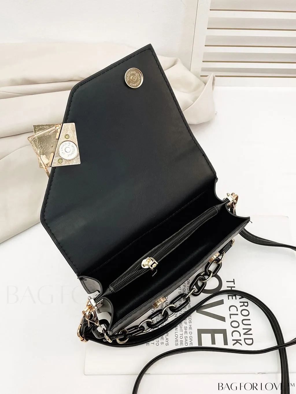 BagForLove - Letter Detail Mini Chain Flap Square Bag with Decorative Charm